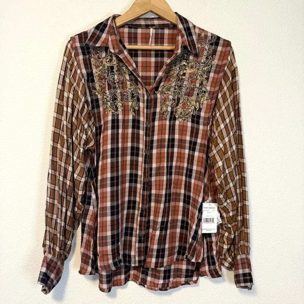 Free People‎ Copper Plaid Long Sleeve Blouse Size Medium NWT